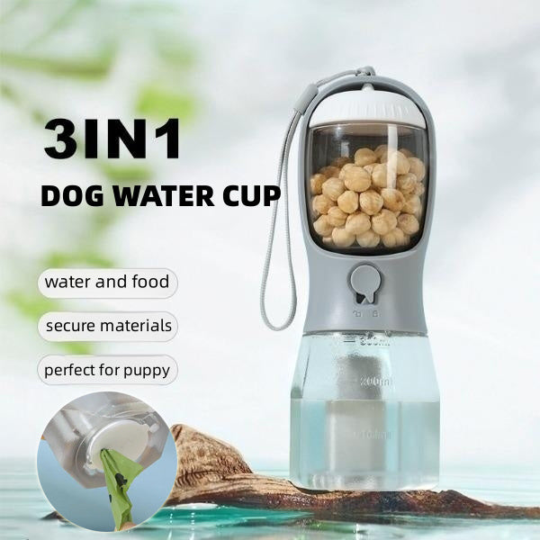 3-in-1 Dog Travel Bottle - Water, Food & Waste Bag Dispenser